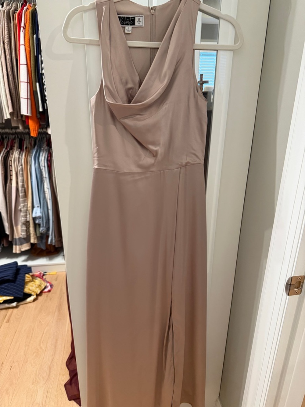 Violet & Claire Taupe Draped Cowl-Neck Maxi Dress